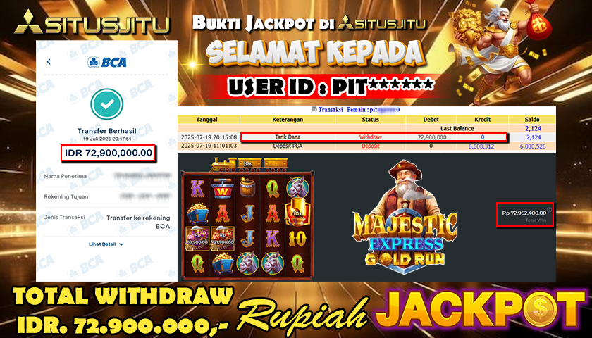 SITUSJITU id : PIT****** JACKPOT SLOT MAJESTIC EXPRESS - GOLD RUN Rp.72.900.000 ,- LUNAS
