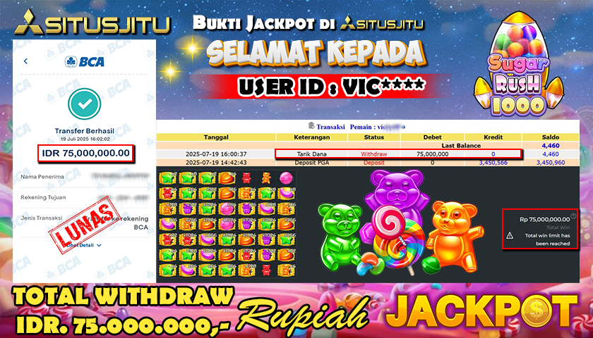 SITUSJITU  id : VIC**** MENANG BESAR DI SLOT SWEET BONANZA 1000 PRAGMATIC PLAY DENGAN TOTAL WITHDRAW Rp.75.000.000 ,- LUNAS