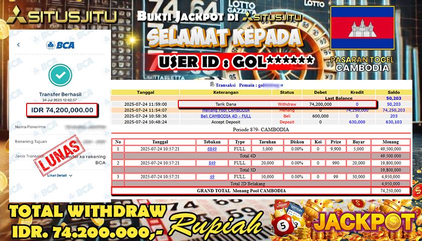 SITUSJITU id : GOL****** JACKPOT MENANG BESAR DI POOL CAMBODIA DENGAN TOTAL WITHDRAW  Rp.74.200.000 ,- LUNAS