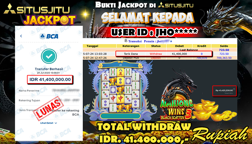 SITUSJITU id : JHO***** JACKPOT MENANG BESAR DI MAHJONG WINS 3 - BLACK SCATTER PRAGMATIC PLAY Rp.41.400.000 ,- LUNAS