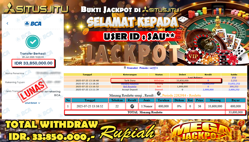 SITUSJITU id : SAU** MENANG BESAR DI LIVE GAME ROULETTE DENGAN TOTAL WITHDRAW Rp.38.850.000 ,- LUNAS