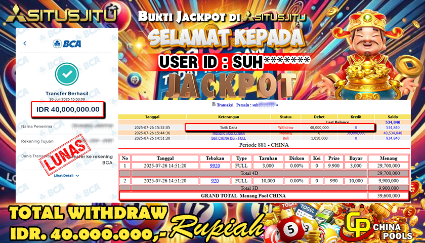 SITUSJITU id : SUH******* JACKPOT TOGEL CHINA POOLS Rp.40.000.000 ,- LUNAS