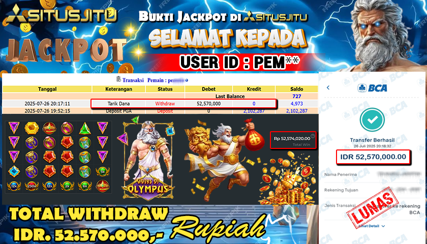 SITUSJITU id : PEM** JACKPOT SLOT GATES OF OLYMPUS 1000 Rp.52.570.000 ,- LUNAS