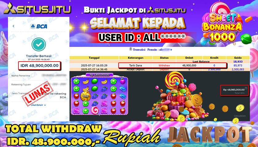 SITUSJITU  id : ALL****** MENANG BESAR DI SLOT SWEET BONANZA 1000 PRAGMATIC PLAY DENGAN TOTAL WITHDRAW Rp.48.000.000 ,- LUNAS