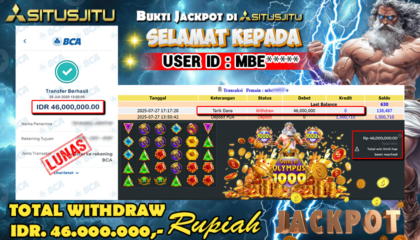 SITUSJITU id : MBE***** JACKPOT SLOT GATES OF OLYMPUS 1000 Rp.46.000.000 ,- LUNAS