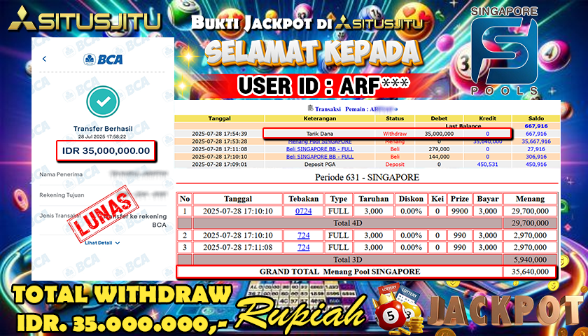 SITUSJITU id : ARF*** MENANG BESAR DI POOL SINGAPORE DENGAN TOTAL WITHDRAW Rp.35.000.000 ,- LUNAS