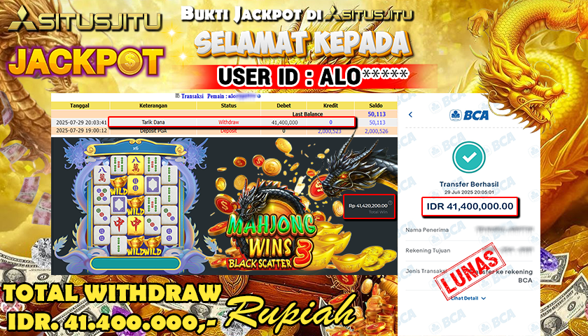 SITUSJITU id : ALO***** JACKPOT MENANG BESAR DI MAHJONG WINS 3 - BLACK SCATTER PRAGMATIC PLAY Rp.41.400.000 ,- LUNAS