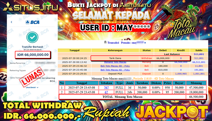 SITUSJITU id : MAY*** KEMENANGAN BESAR PADA TOGEL TOTO MACAU Rp.66.000.000 ,- LUNAS