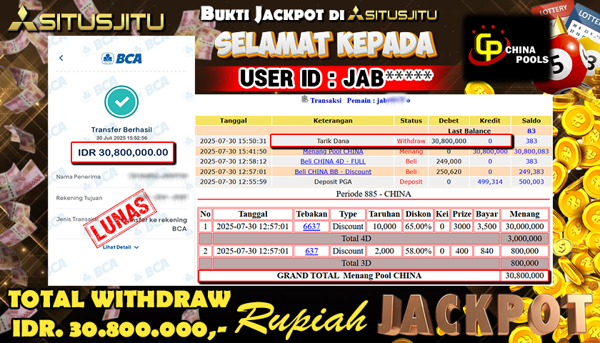 SITUSJITU id : JAB*** JACKPOT TOGEL CHINA POOLS Rp.30.800.000 ,- LUNAS