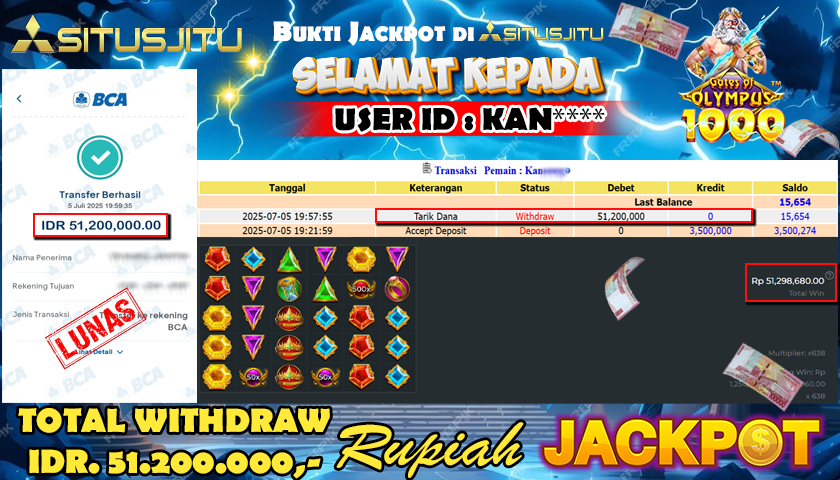 SITUSJITU id : KAN**** JACKPOT SLOT GATES OF OLYMPUS 1000 PRAGMATIC PLAY Rp.51.200.000 ,- LUNAS