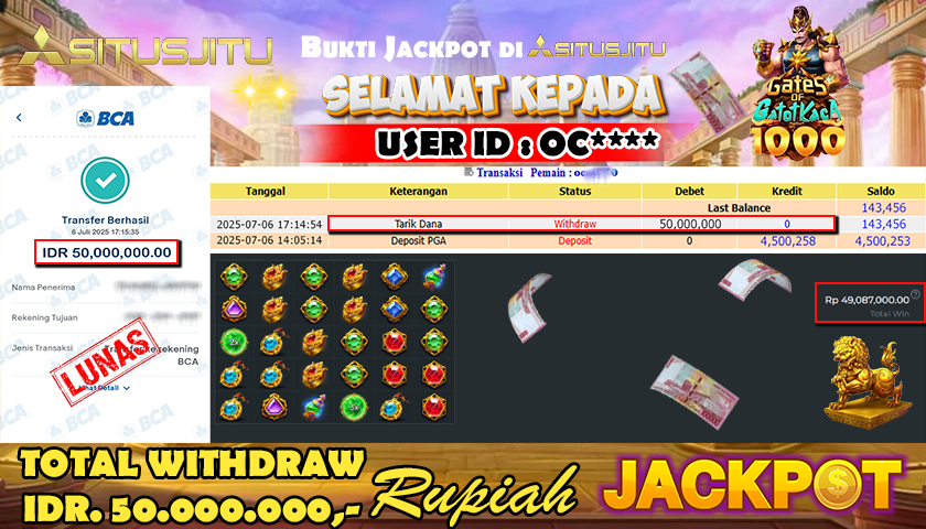 SITUSJITU id :  OC****  JACKPOT MENANG BESAR DI GATES OF GATOT KACA 1000 PRAGMATIC PLAY Rp.50.000.000 ,- LUNAS