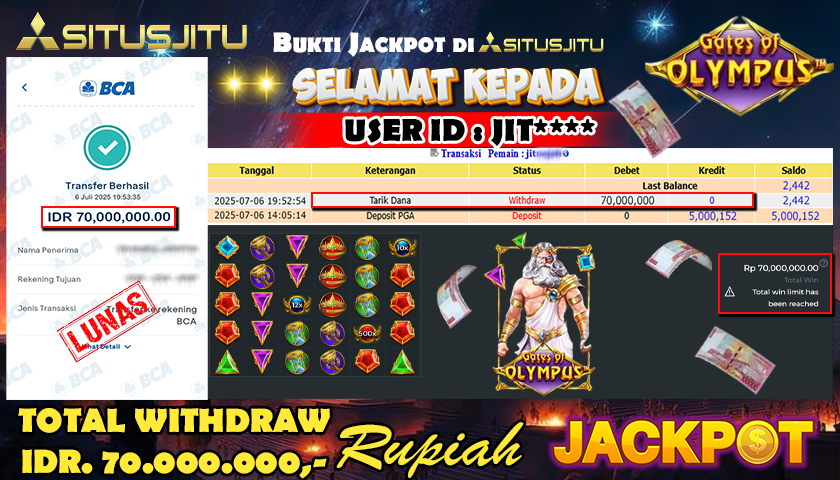SITUSJITU id : JIT**** JACKPOT SLOT GATES OF OLYMPUS 1000 PRAGMATIC PLAY Rp.70.000.000 ,- LUNAS