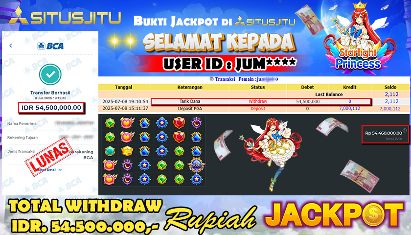 SITUSJITU  id : JUM**** MENANG BESAR DI SLOT STARLIGHT PRINCESS  1000 PRAGMATIC PLAY DENGAN TOTAL WITHDRAW Rp.54.500.000 ,- LUNAS