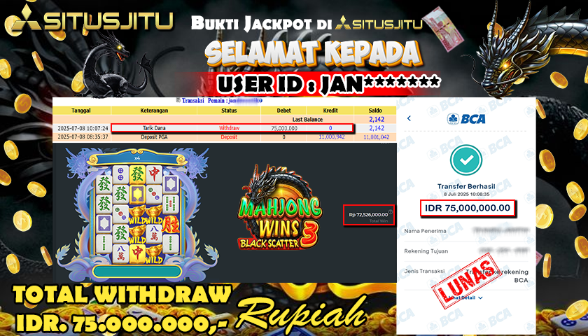 SITUSJITU id : JAN******* JACKPOT MENANG BESAR DI MAHJONG WINS 3 - BLACK SCATTER PRAGMATIC PLAY Rp.75.000.000 ,- LUNAS