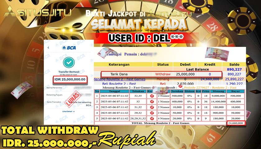 SITUSJITU id : DEL*** JACKPOT MENANG BESAR DI LIVE GAME ROULETTE Rp.25.000.000 ,- LUNAS