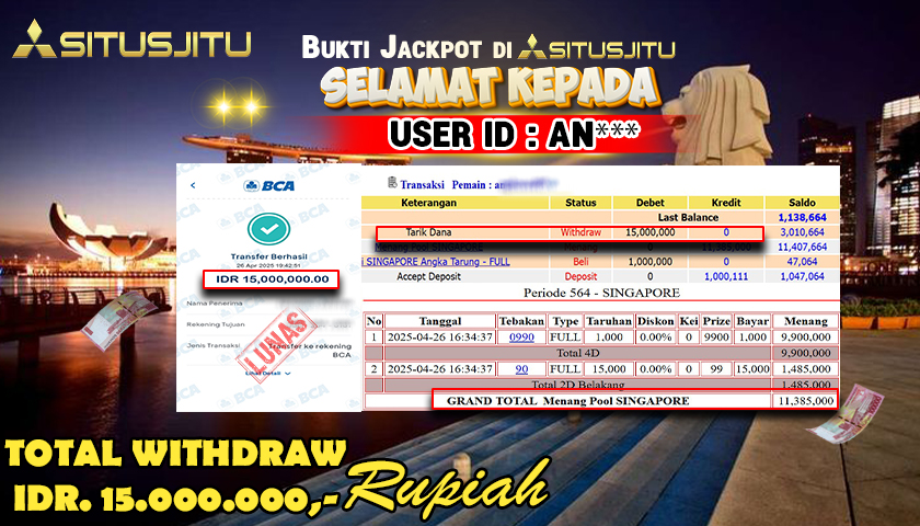 SITUSJITU id : AN*** MENANG BESAR DI POOL SINGAPORE DENGAN TOTAL WITHDRAW Rp.15.000.000 ,- LUNAS