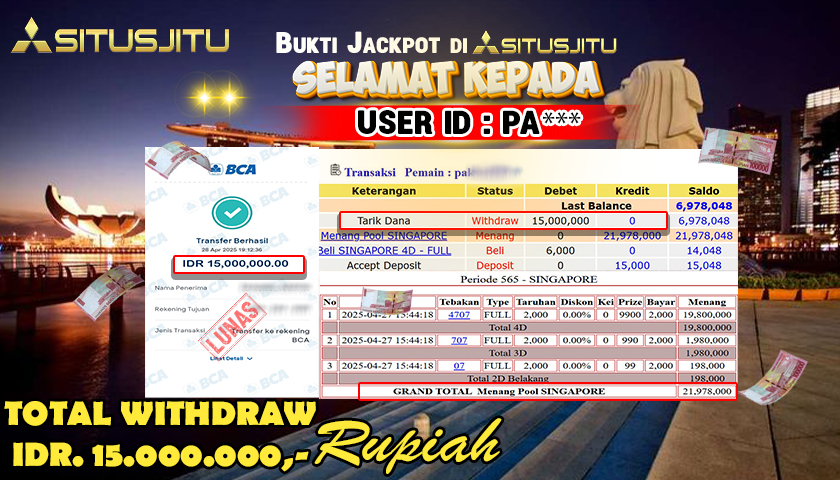 SITUSJITU  id : PA*** MENANG BESAR DI POOL SINGAPORE DENGAN TOTAL WITHDRAW Rp.36.000.000 ,- LUNAS