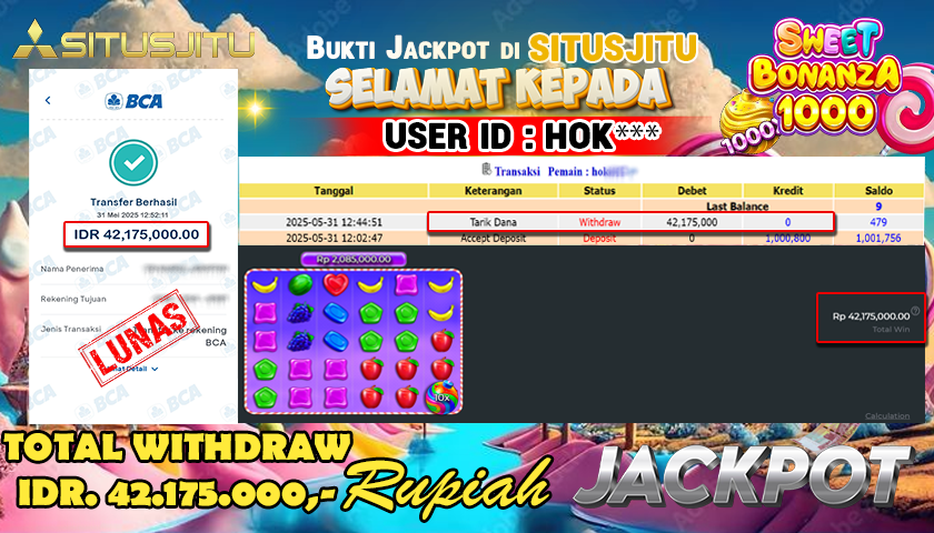 SITUSJITU id : HOK*** MENANG BESAR DI SLOT SLOT SWEET BONANZA TOTAL WITHDRAW Rp.  42.175.000 ,- - LUNAS
