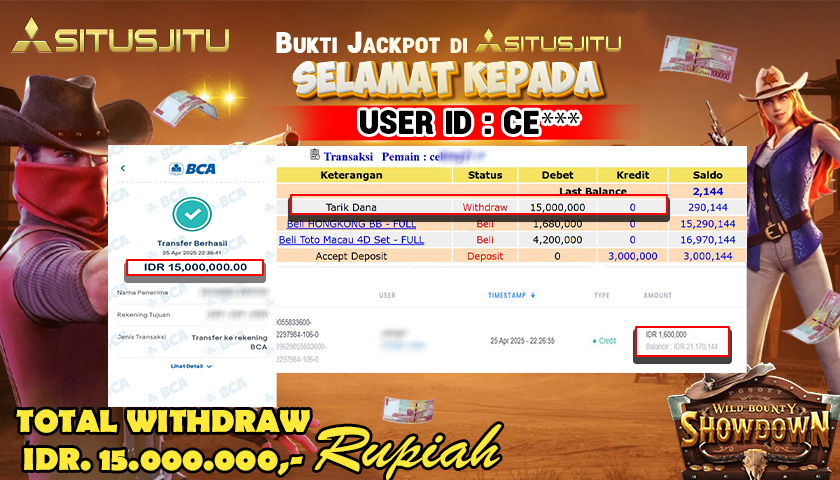 SITUSJITU id : CE*** JACKPOT MENANG BESAR DI WILD BOUNTY SHOWDOWN PGSoft Rp.15.000.000 ,- LUNAS