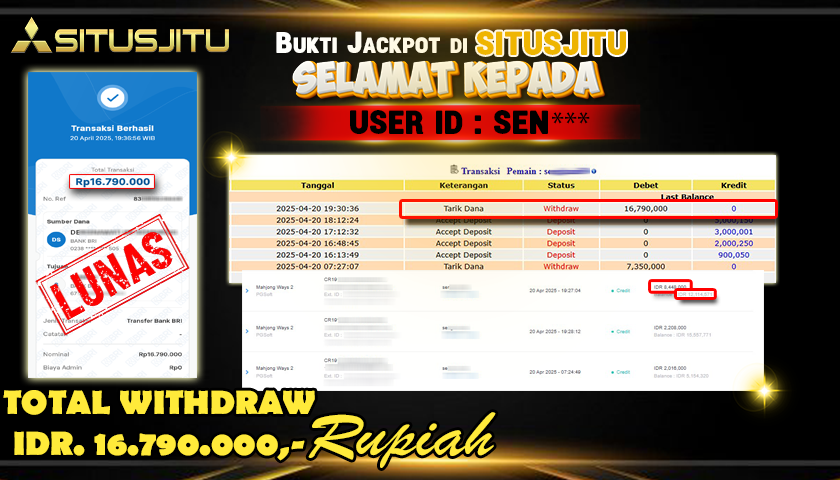 SITUSJITU id : SEN*** JACKPOT SLOT MAHJONG WAYS Rp.16.790.000 ,- LUNAS