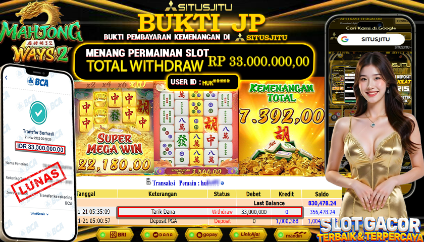 SITUSJITU  id : HUK***** JACKPOT SLOT MAHJONG WAYS 2 PG SOFT  Rp.33.000.000,- LUNAS