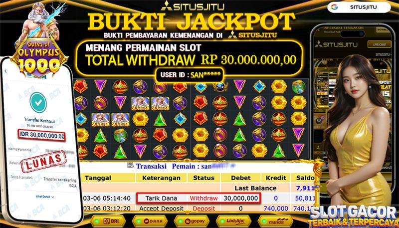 SITUSJITU id : SAN***** JACKPOT SLOT  Gates of Olympus 1000  PRAGMATIC PLAY  TOTAL WITHDRAW  Rp.30.000.000 ,- LUNAS