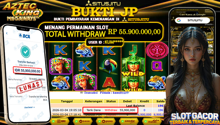 SITUSJITU id : KUM***** JACKPOT SLOT  AZTEC KING MEGAWAYS PG SOFT TOTAL WITHDRAW  Rp.55.900.000 ,- LUNAS