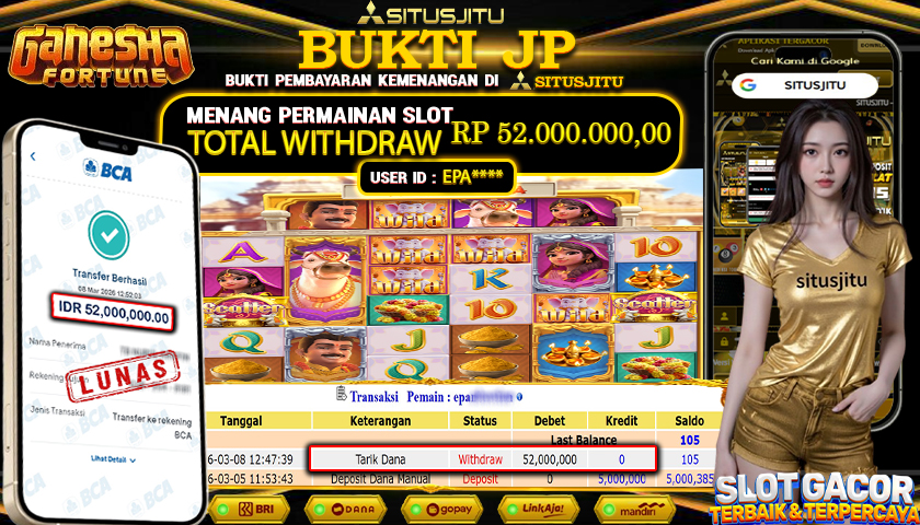 SITUSJITU id : EPA***** JACKPOT SLOT  Wild bandito PG SOFT  TOTAL WITHDRAW  Rp.52.000.000 ,- LUNAS