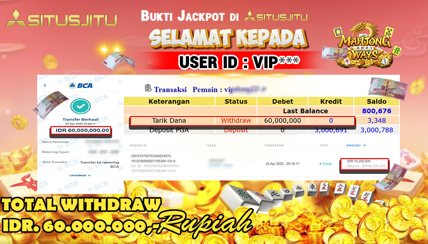 SITUSJITU id : VIP*** JACKPOT MENANG BESAR DI MAHJONG WAYS PGSoft Rp.60.000.000 ,- LUNAS