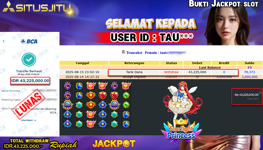 SITUSJITU id :  TAU*** JACKPOT SLOT DI STARLIGHT PRINCESS Rp.43.225.000 ,- LUNAS