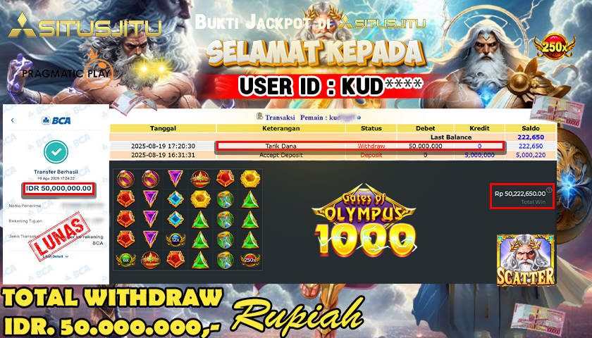 SITUSJITU id : KUD**** JACKPOT MENANG BESAR DI GATES OF OLYMPUS 1000 PRAGMATIC PLAY Rp.50.000.000 ,- LUNAS