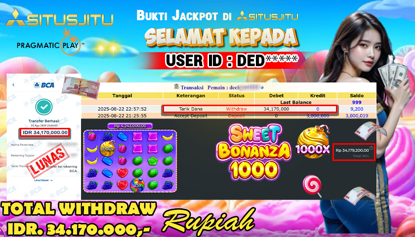 SITUSJITU id :  DED***** JACKPOT SLOT DI SWEET BONANZA 1000 Rp.34.170.000 ,- LUNAS