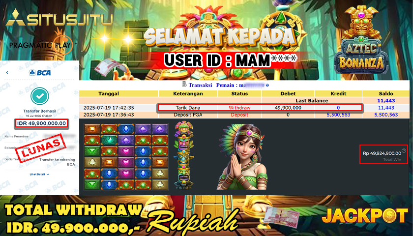 SITUSJITU  id : MAM**** MENANG BESAR DI SLOT AZTEC BONANZA PRAGMATIC PLAY DENGAN TOTAL WITHDRAW Rp.49.900.000 ,- LUNAS